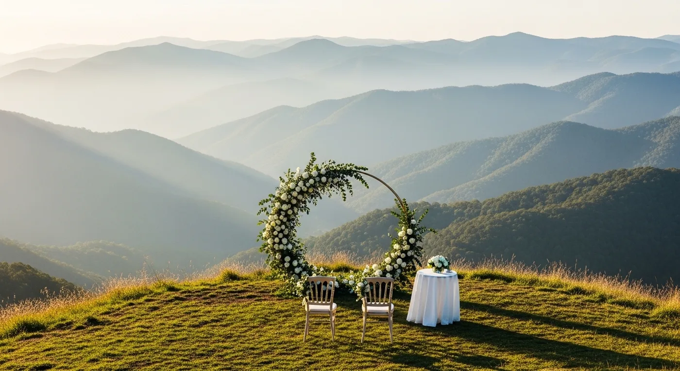 Hilltop engagement ceremony with a panoramic valley view and a simple floral arch