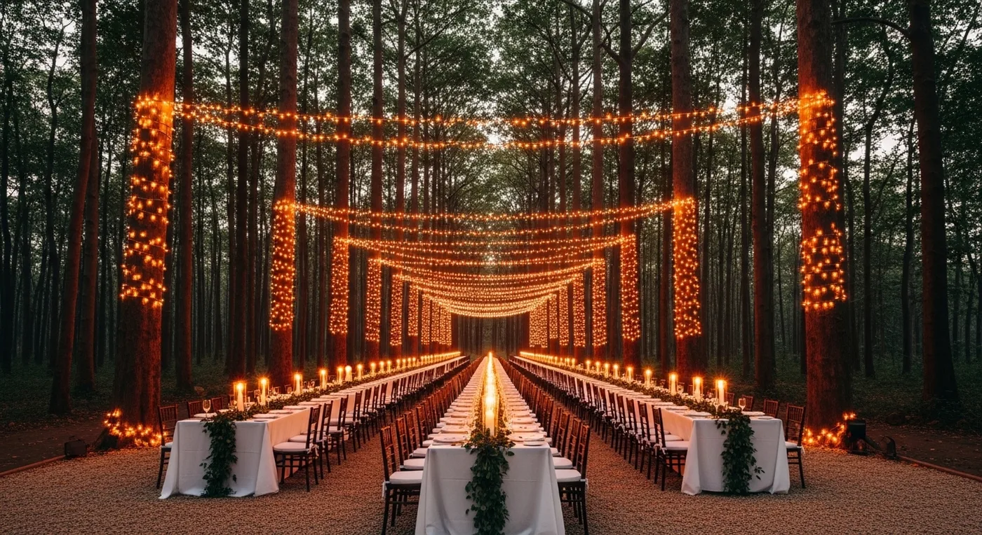 Forest canopy dinner with fairy lights strung between tall trees and long banquet tables