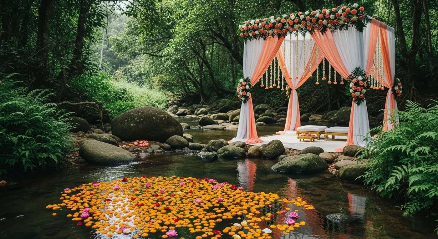 Riverside wedding ceremony with floating flowers and a decorated mandap beside a gentle stream