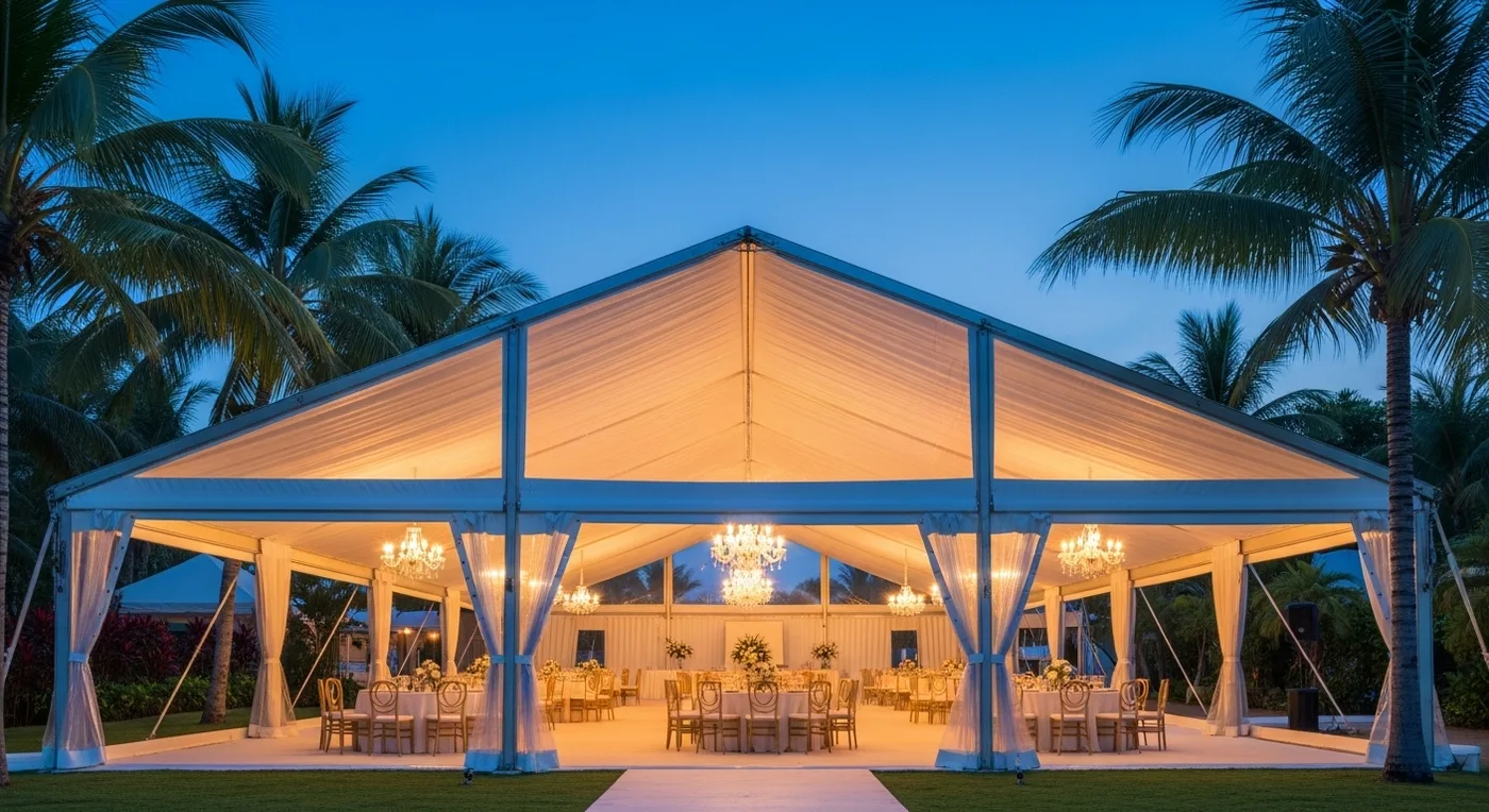 Luxury tented reception in a plantation with chandeliers inside a white marquee