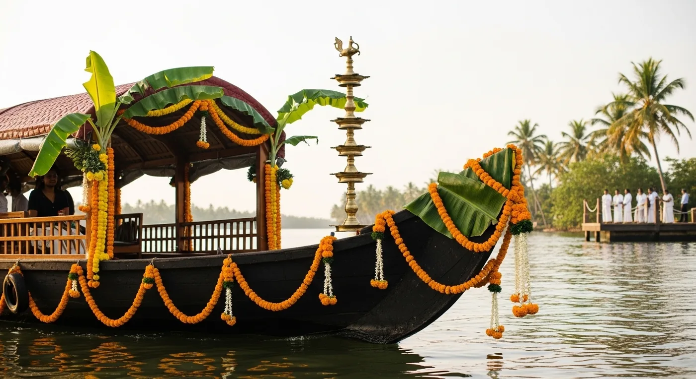 Decorated wooden boat arriving with marigold garlands on the bow at a backwater wedding venue