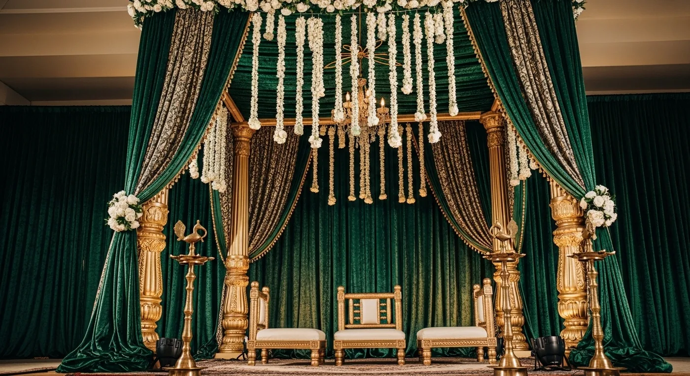 Green and gold draped nikah stage with fresh flower garlands and ornate pillars