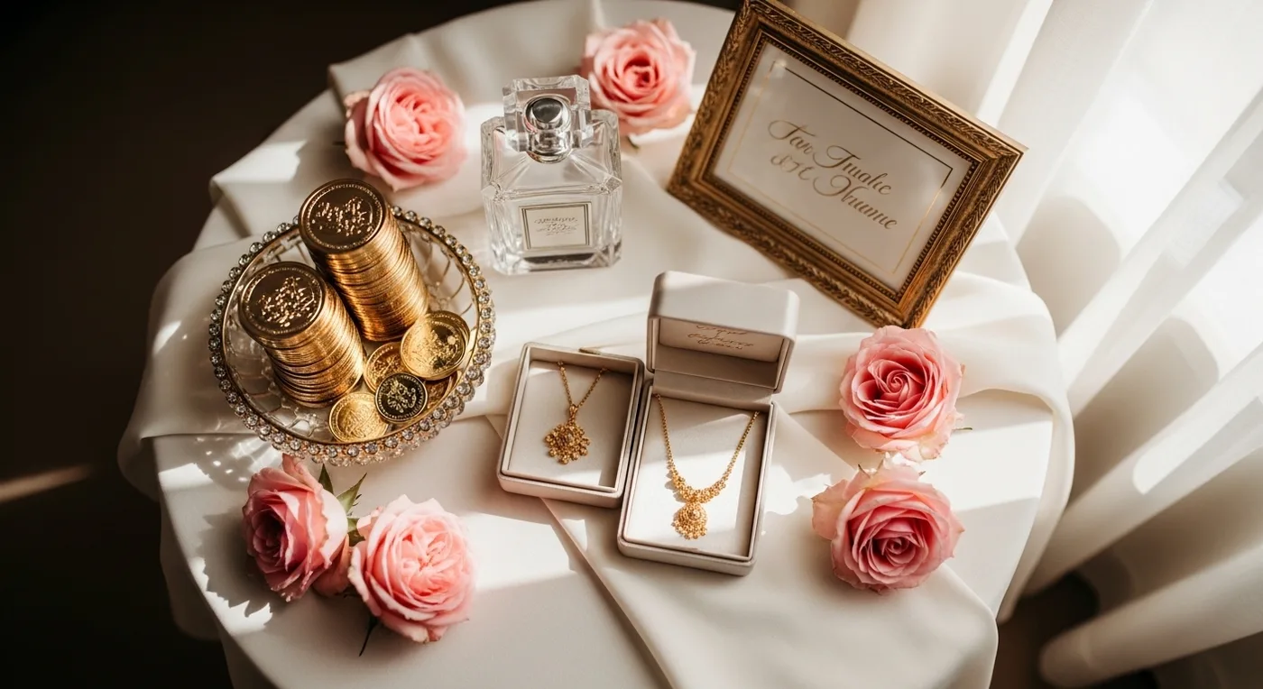 Decorated mahr display table with gold coins, perfume, and fresh flowers on a silk runner