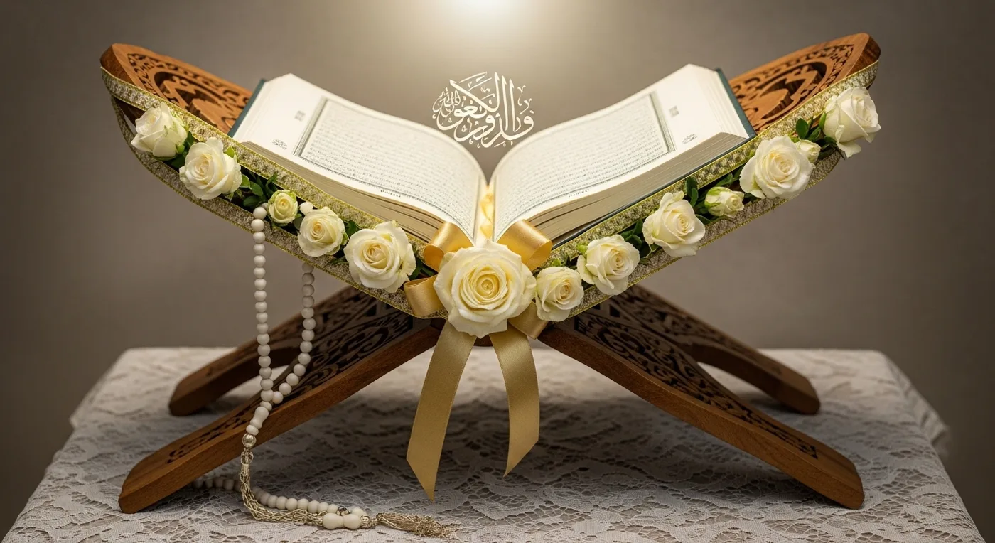 Ornate Quran stand decorated with white roses and gold ribbon for a nikah signing
