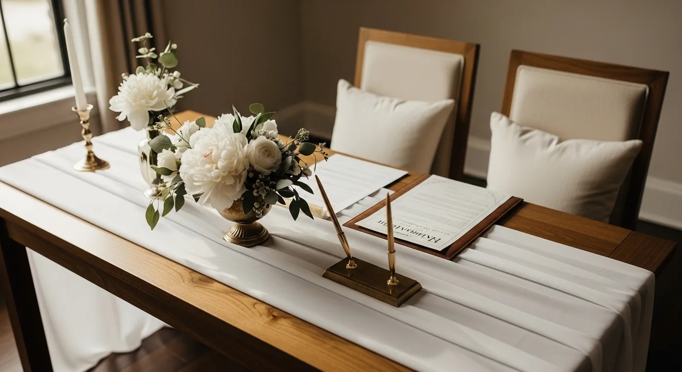 Nikah signing table setup with calligraphy pens, contract document, and floral centrepiece
