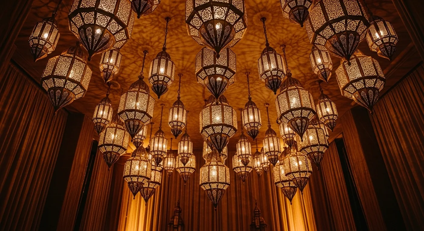 Hanging Moroccan lantern canopy with warm amber light over a nikah ceremony space