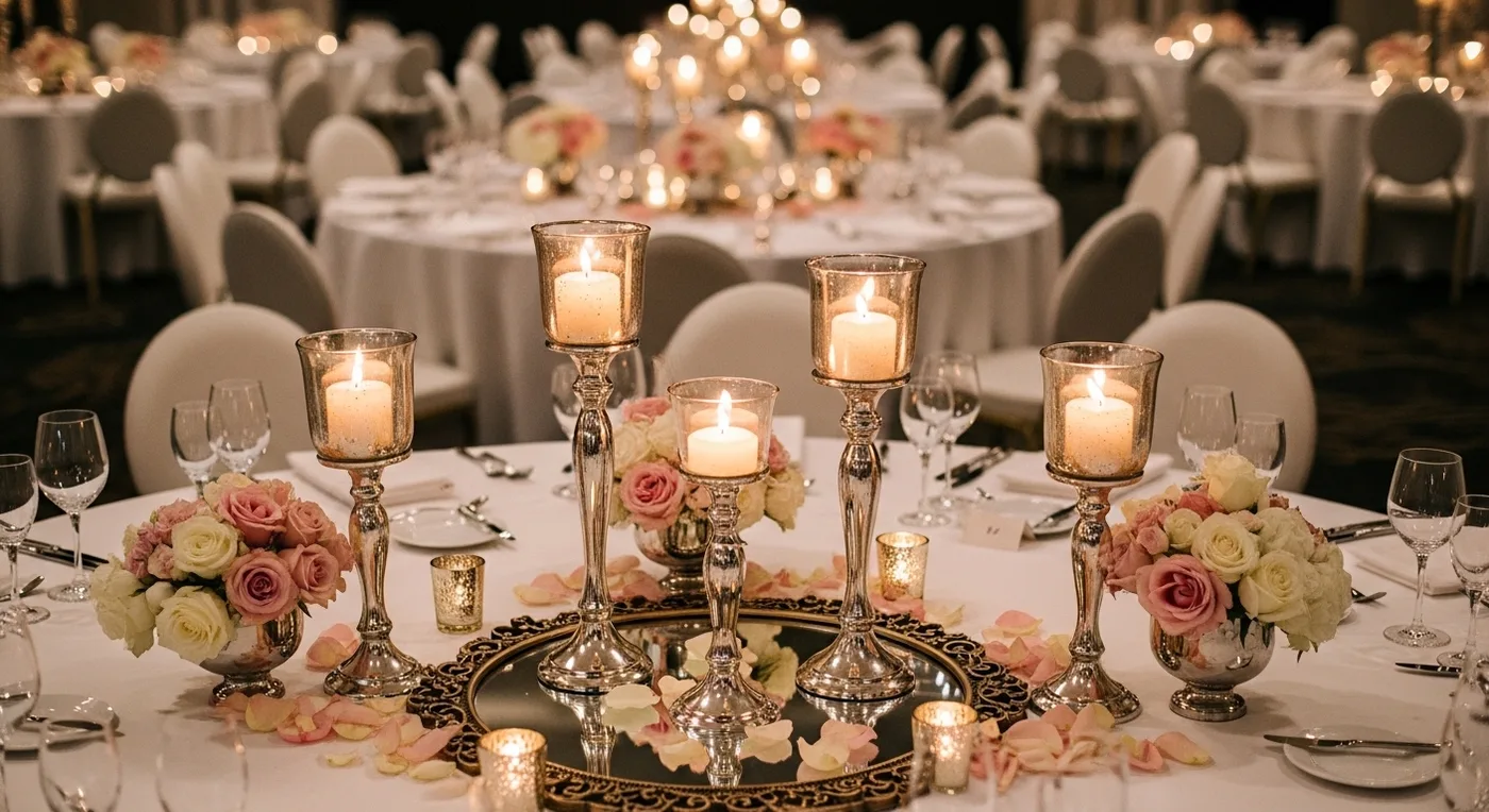 Mirror and candle centrepieces with rose petals on guest tables at a Muslim wedding reception
