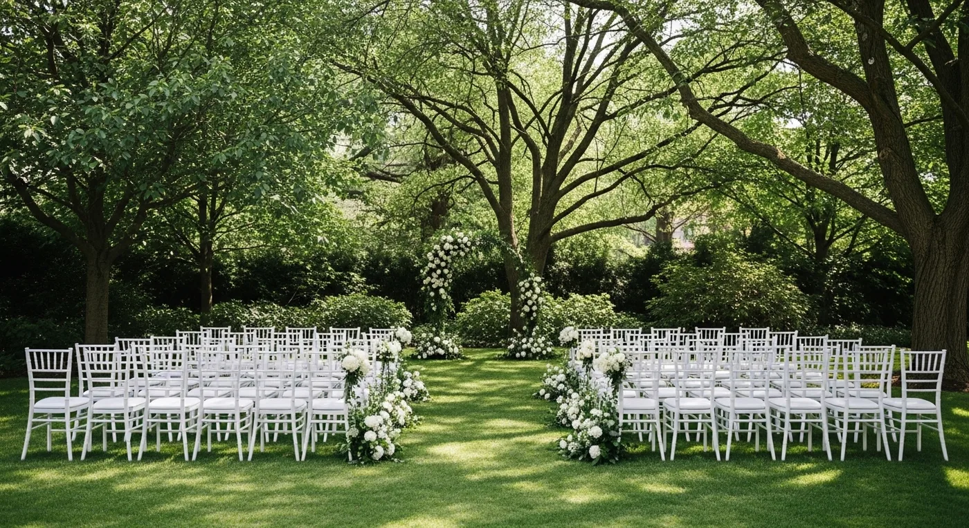 Outdoor garden nikah ceremony setup with white chairs and a floral arch under trees