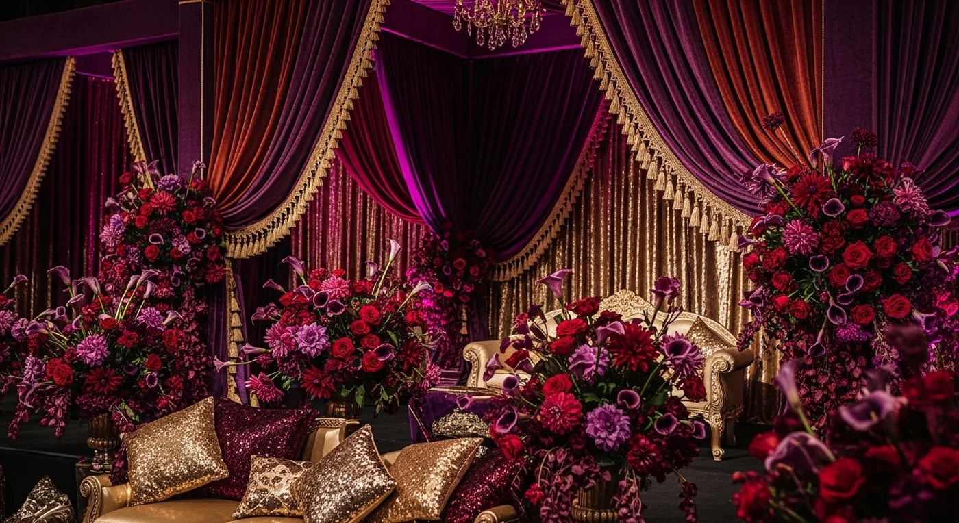 Jewel-toned purple and burgundy draping with gold accents on a nikah stage