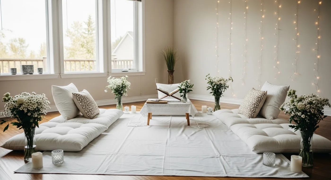 Intimate home nikah setup in a living room with simple floral decoration and floor seating
