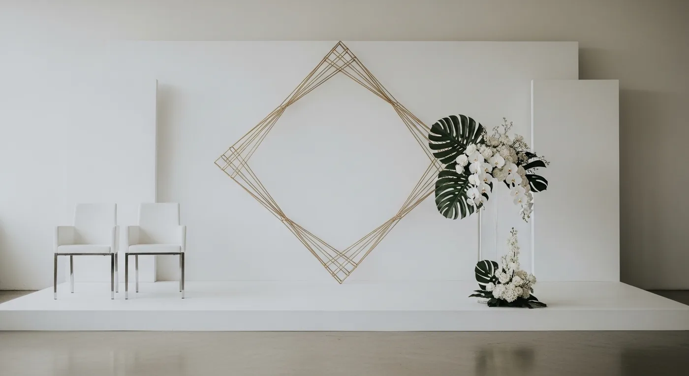 Modern minimalist nikah stage with clean white backdrop, geometric vases, and single floral arrangement