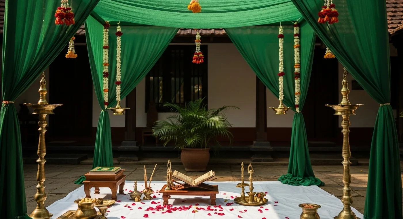 Traditional Mappila-style nikah arrangement with green silk canopy and brass lamps