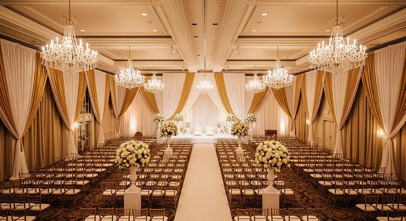 Grand ballroom nikah ceremony with crystal chandeliers, white draping, and large floral installations