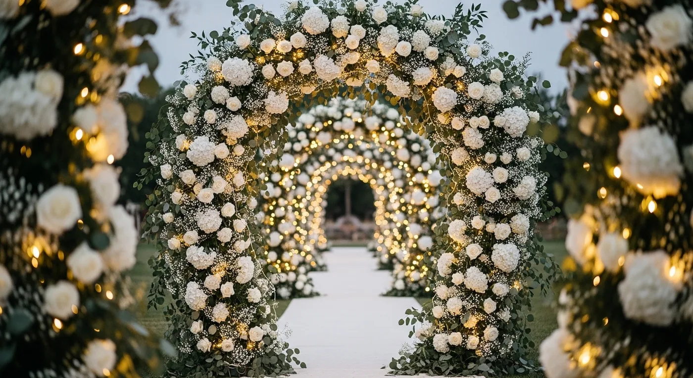 Entrance arch decorated with fairy lights and fresh white flowers welcoming guests to a nikah