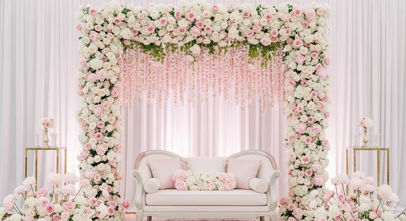 Couple seating on a nikah stage with cascading floral backdrop in white and blush pink