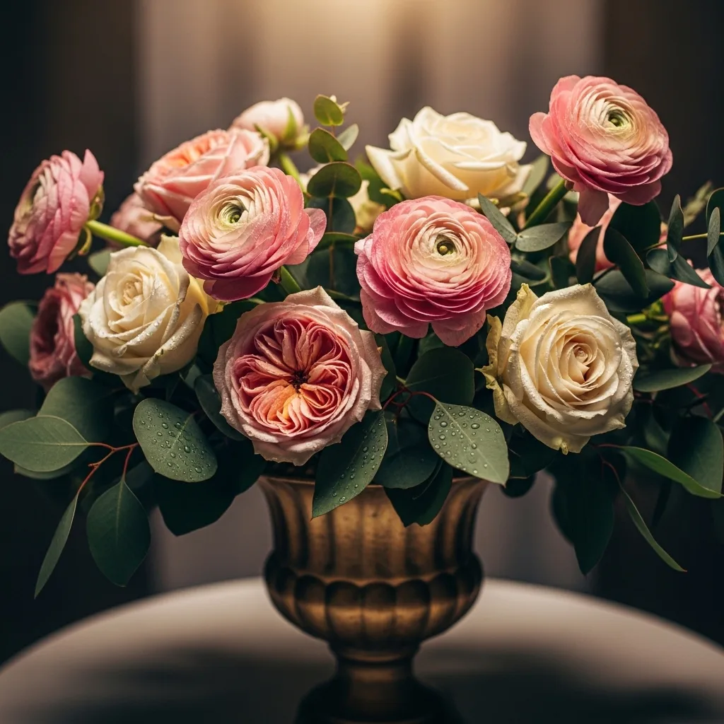 An elegantly decorated Indian wedding reception stage with a lush floral backdrop of white roses and golden draping against ambient lighting