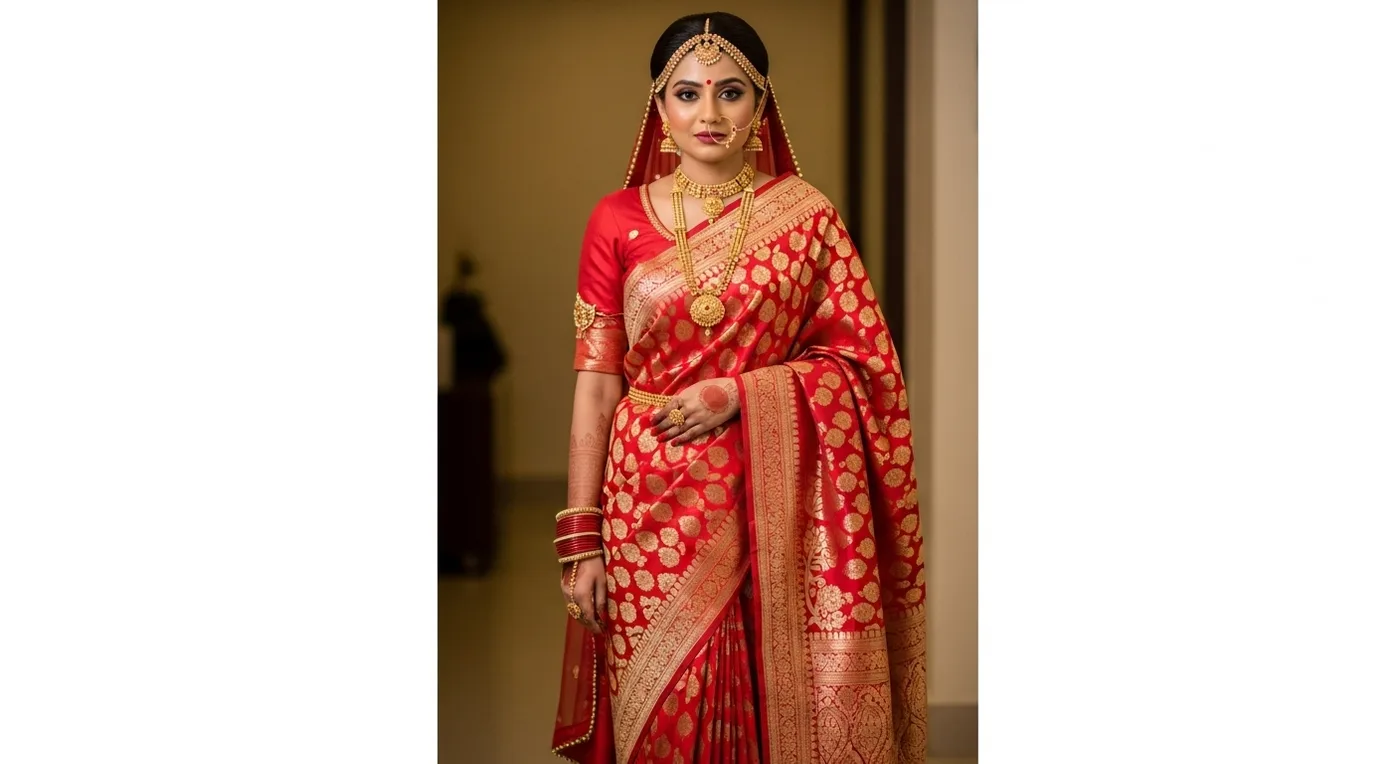 Bridal saree draped in Bengali seedha pallu style with pallu falling from the front