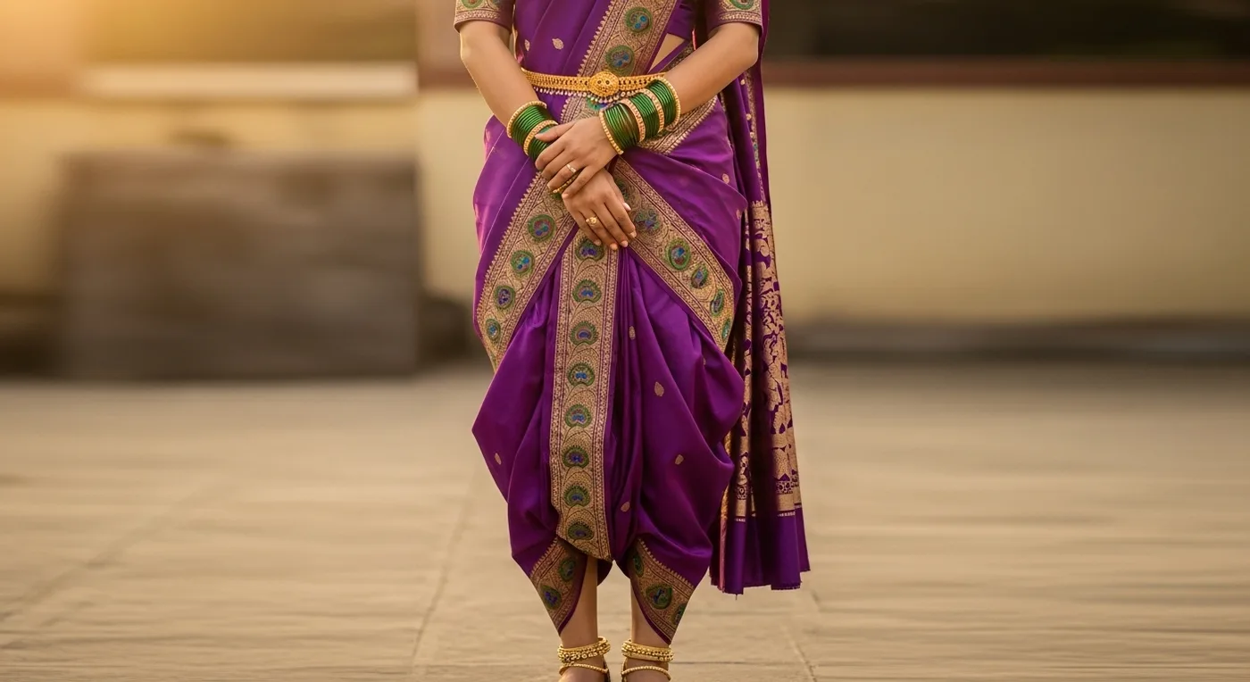 Bride in nauvari-inspired nine-yard saree drape with dhoti-style lower portion