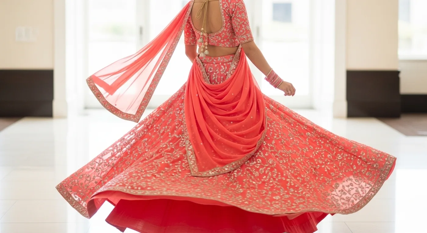 Lehenga-style saree draping with flared skirt effect and pinned pallu