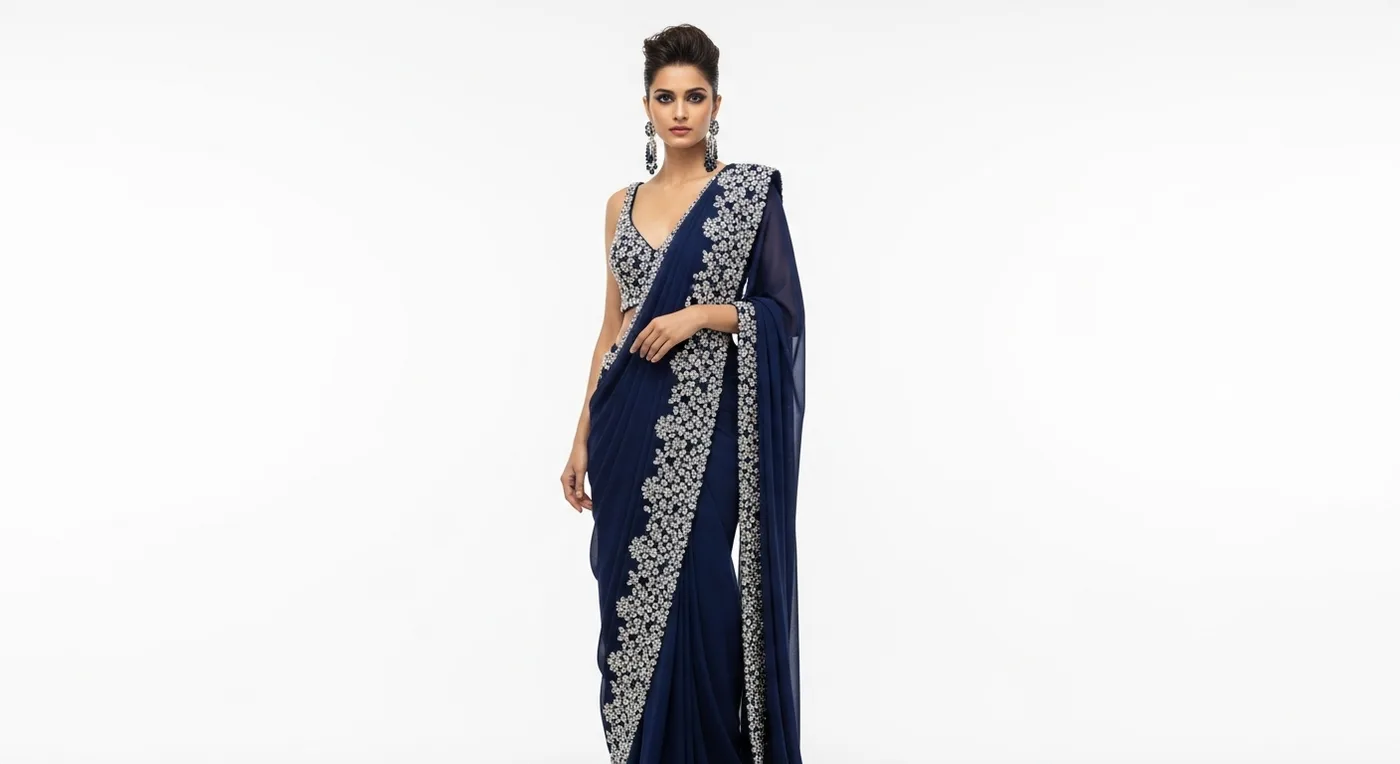Contemporary front-pallu saree drape with pallu pinned across the front of the torso