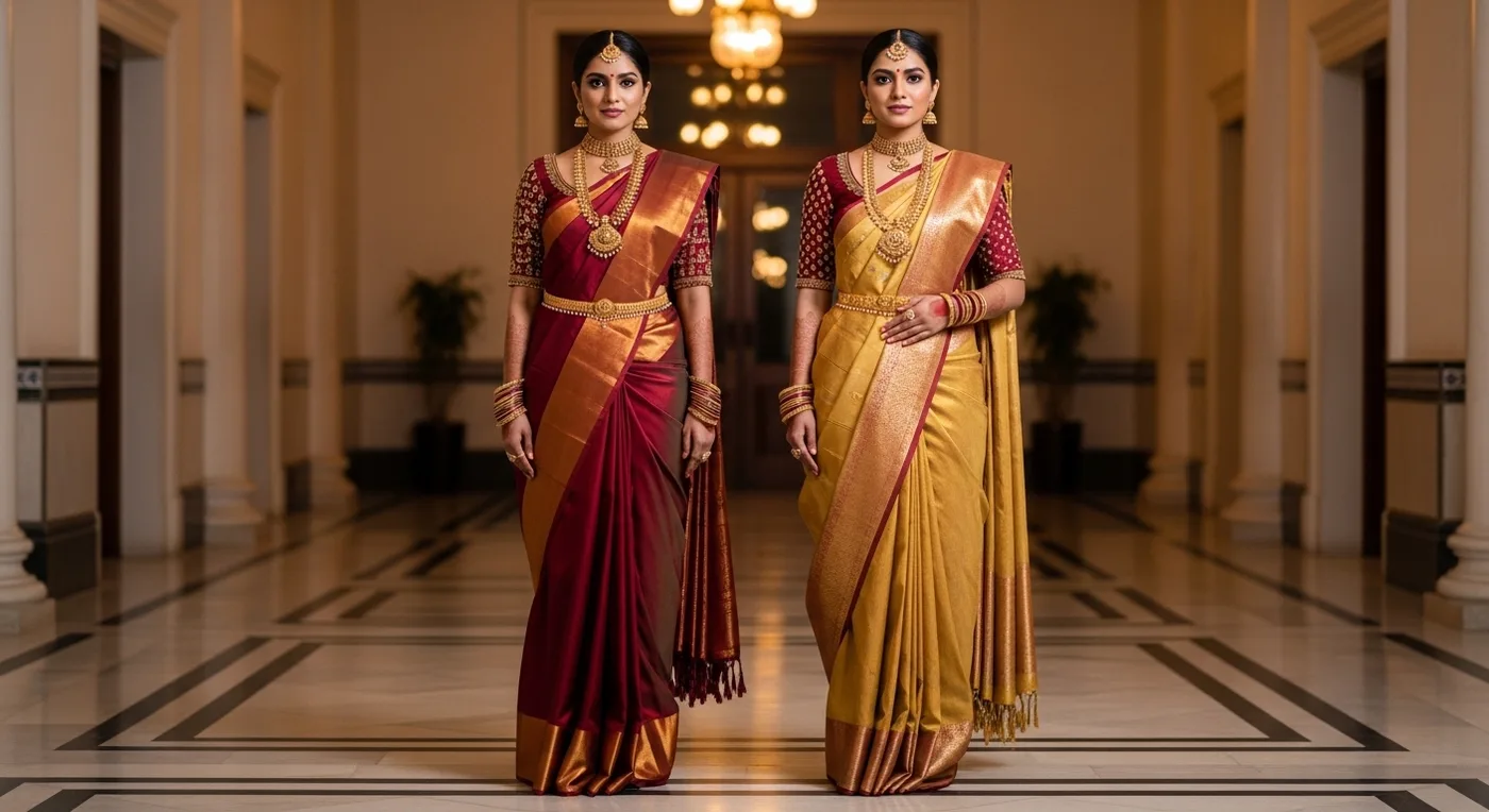 Double-drape bridal look with silk saree and contrast dupatta layered over the shoulder
