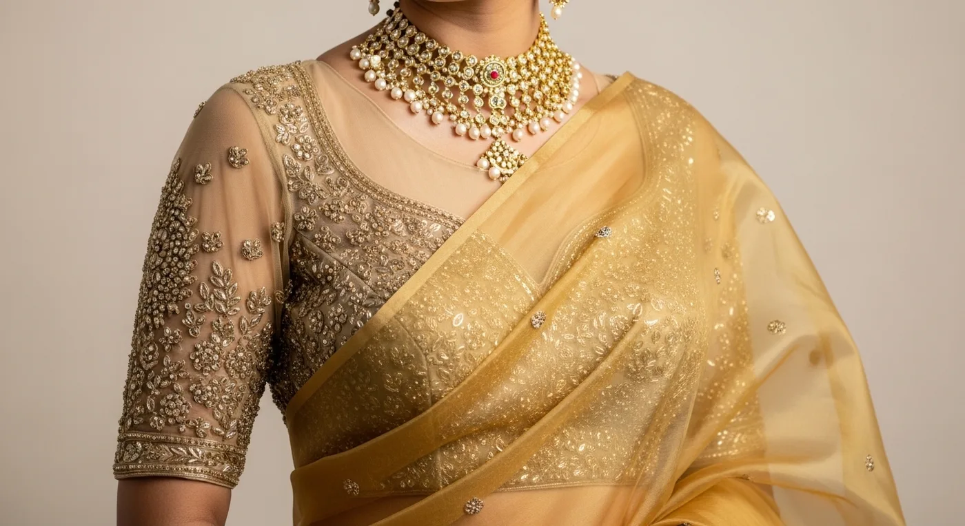 Bride in sheer tissue saree with delicate draping showing the blouse detailing