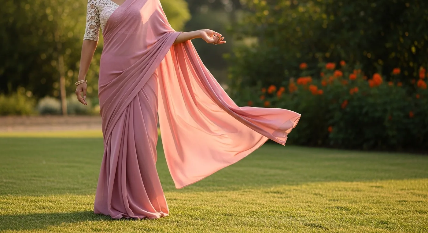 Bride in pin-less free-flowing saree drape with loose pallu and minimal pleats