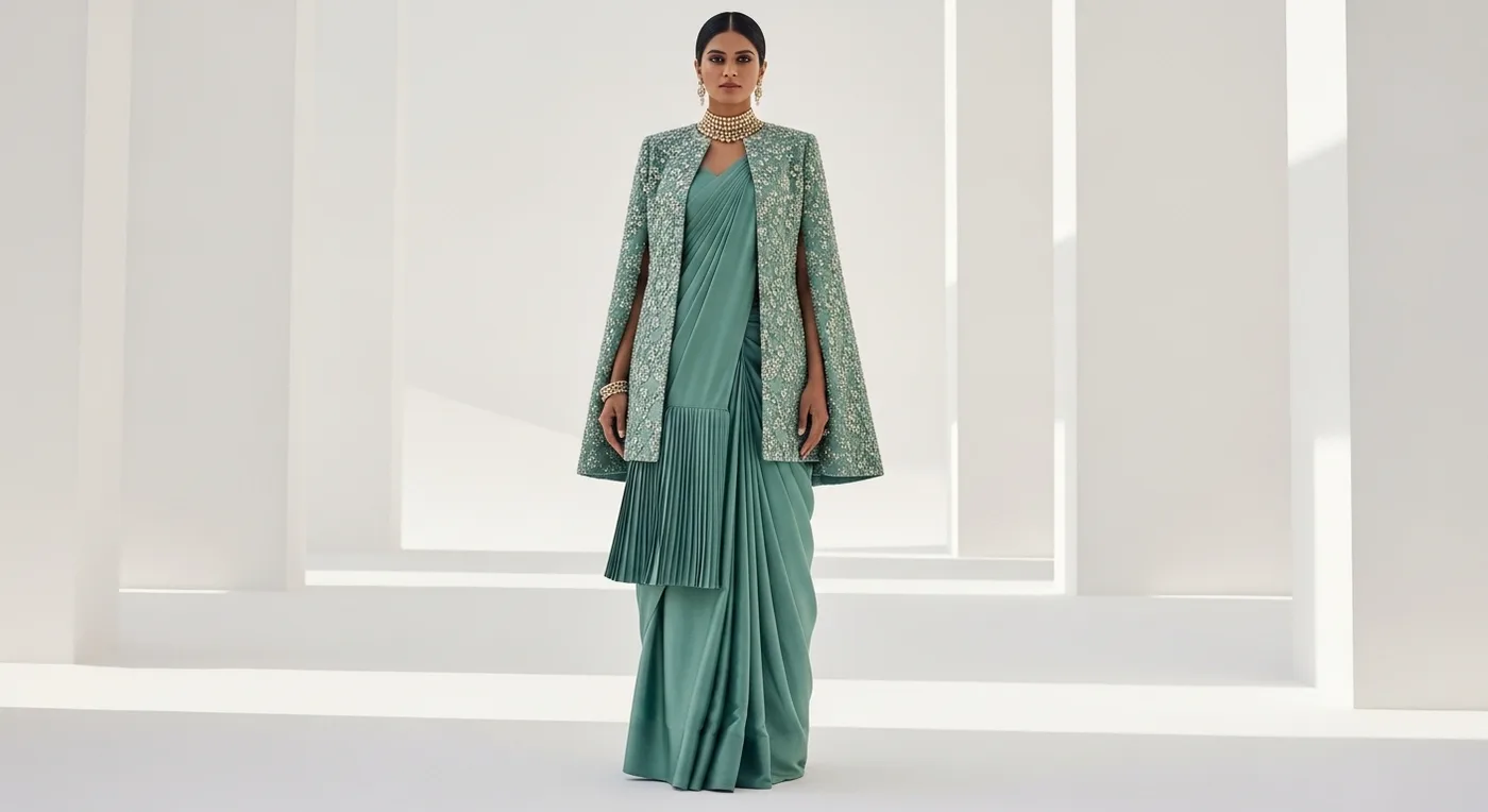 Modern fusion bridal look with saree paired with a cape jacket over the blouse