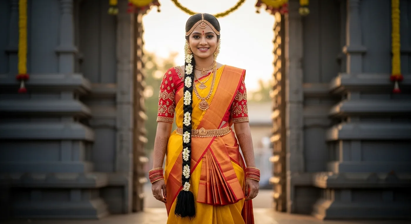 Young bride in half-saree pattu pavadai with silk skirt and draped dupatta