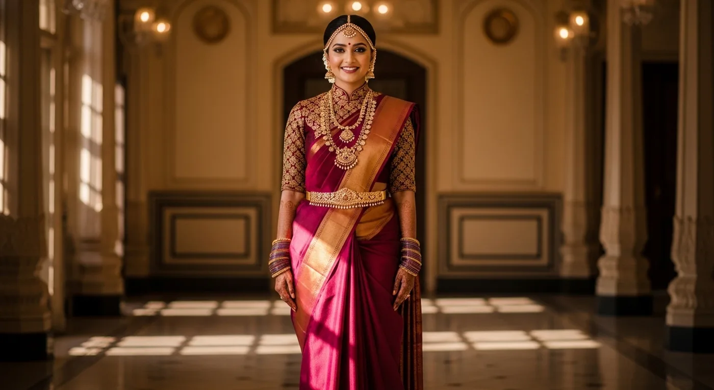 Bride in heavy bridal silk saree with statement high-neck blouse and temple jewellery
