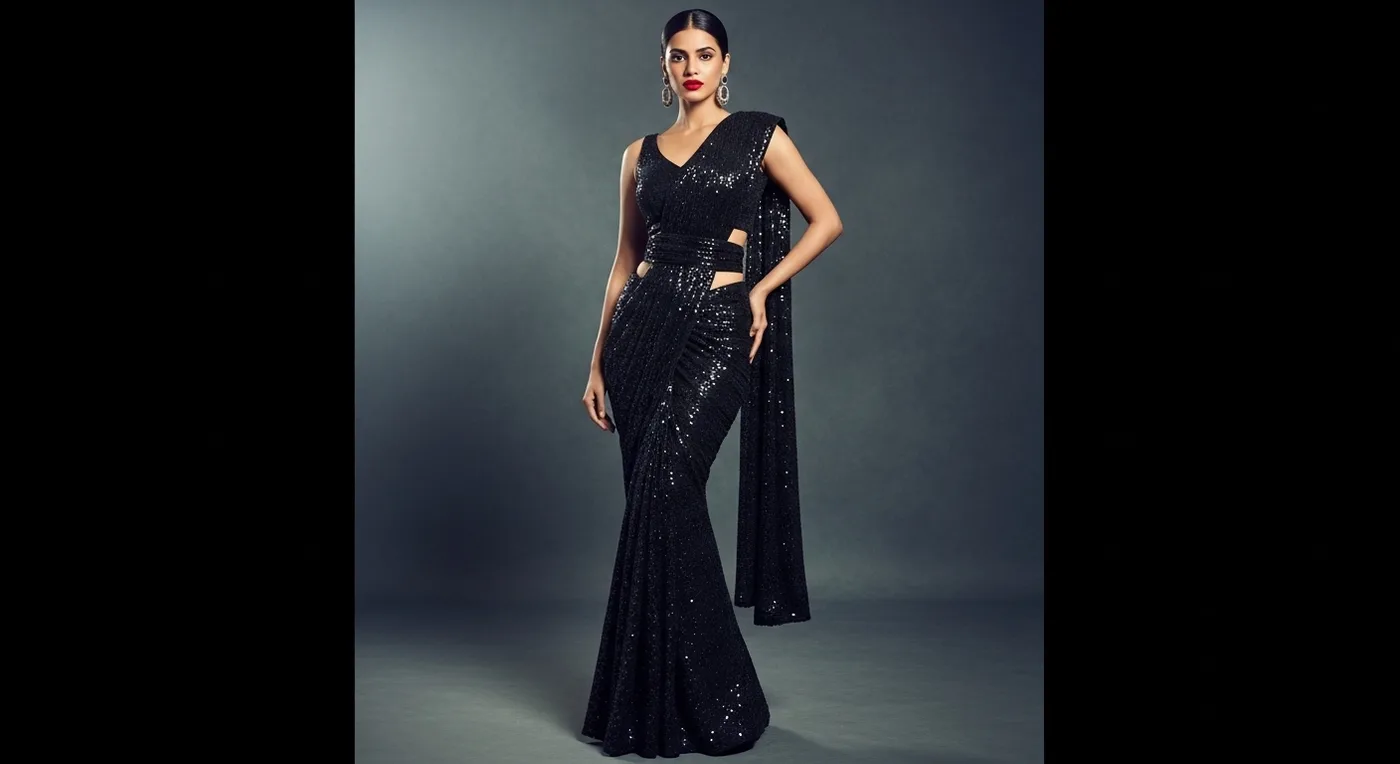 Mermaid-style fitted saree draping hugging the silhouette with flared bottom