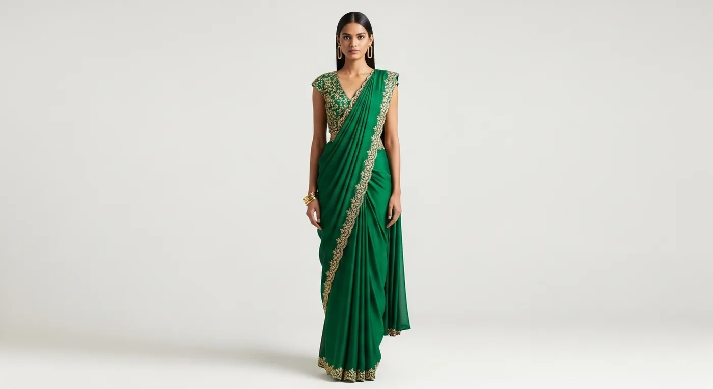 Pre-stitched contemporary saree with zipper closure and structured pleats