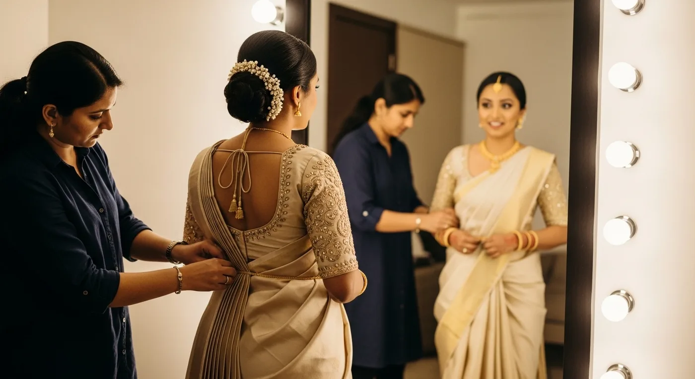Bridal getting-ready moment with dresser pinning saree pleats on the bride