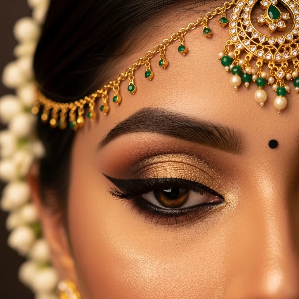 A South Indian bride with traditional gold jewellery, bridal makeup featuring shimmer eyeshadow and bold styling