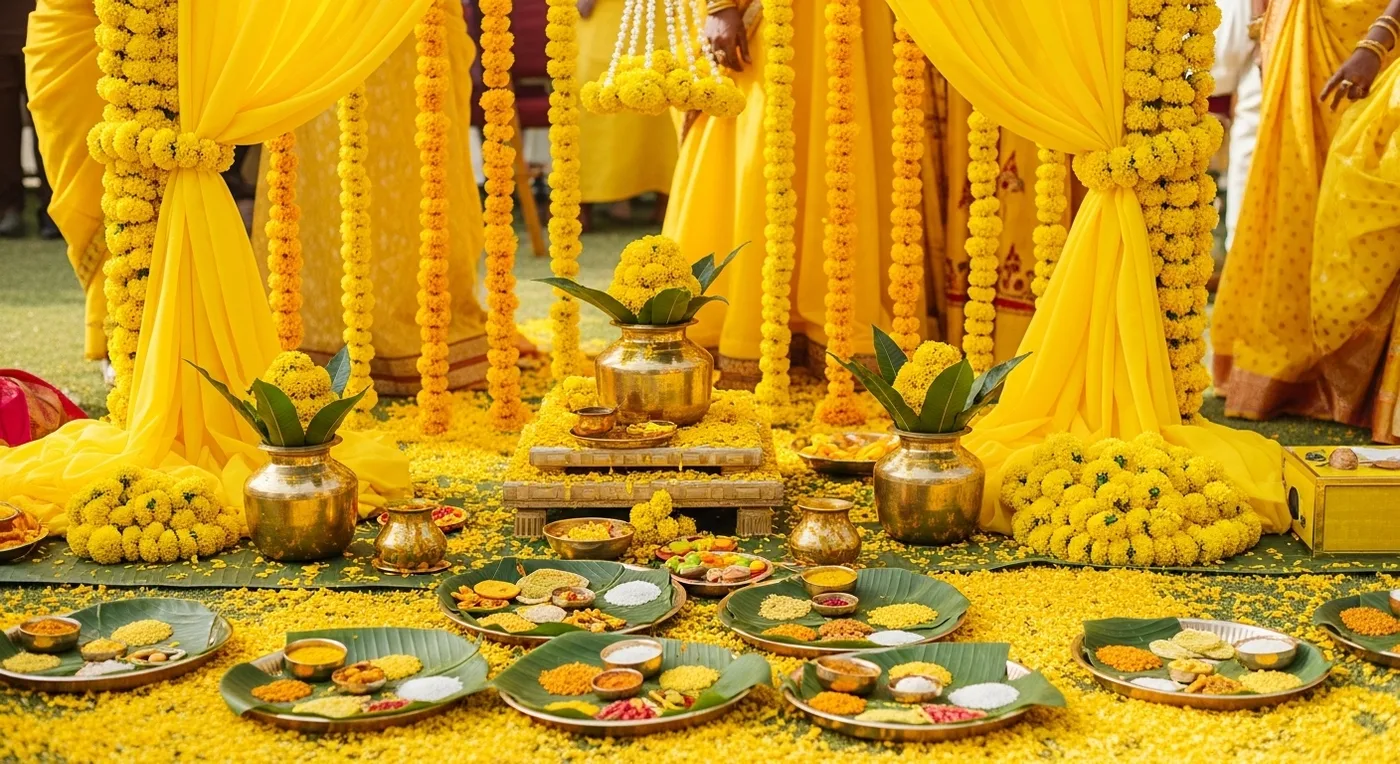 Turmeric ceremony pasupu decoration with yellow flowers and traditional brass vessels