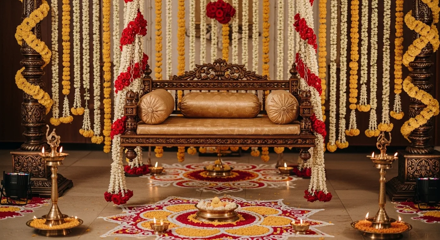 Oonjal swing ceremony setup with floral garlands and traditional brass chains