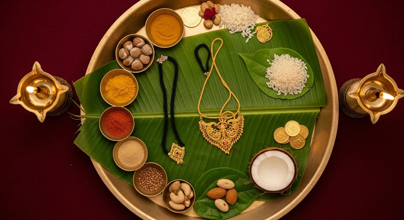 Traditional Telugu wedding thali display arranged on banana leaf with kumkum and turmeric