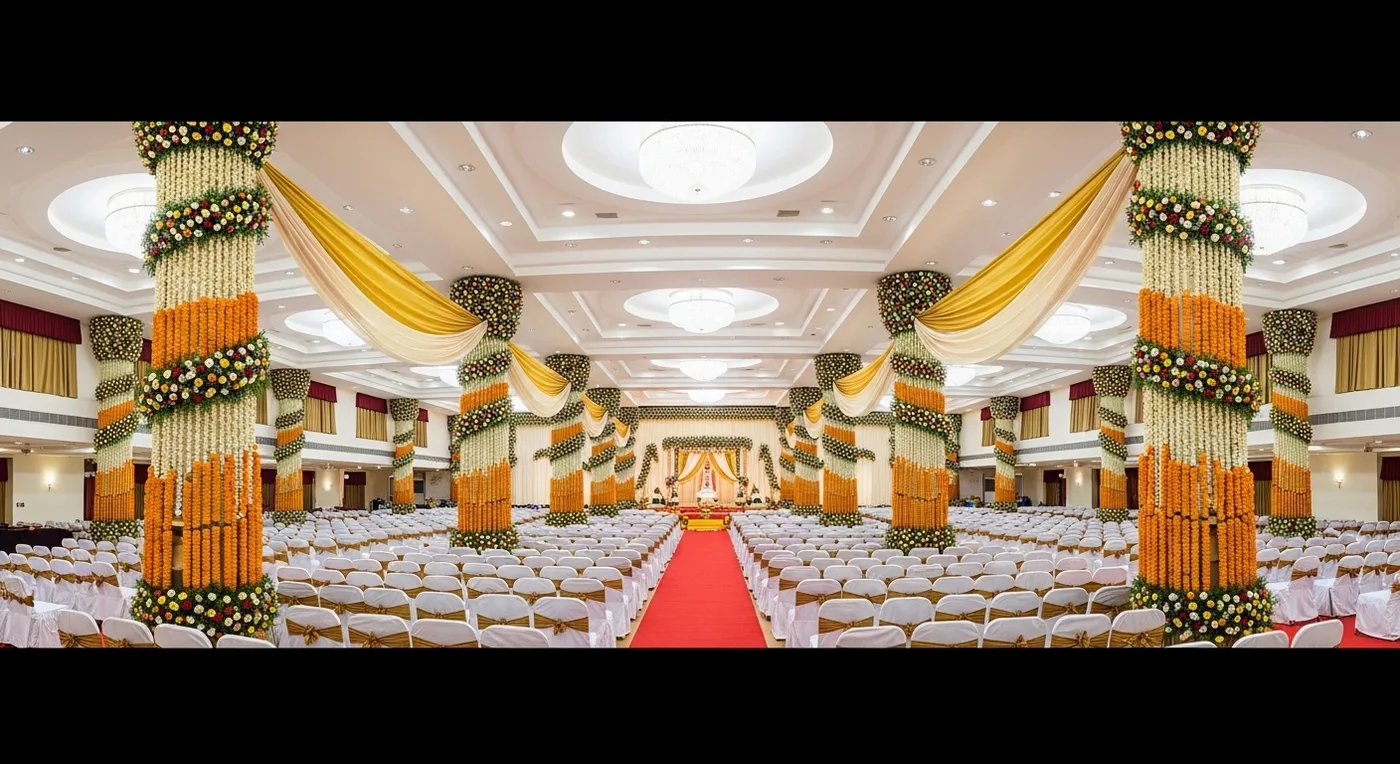 Grand kalyana mandapam hall decorated with floral pillars and fabric draping for Telugu wedding