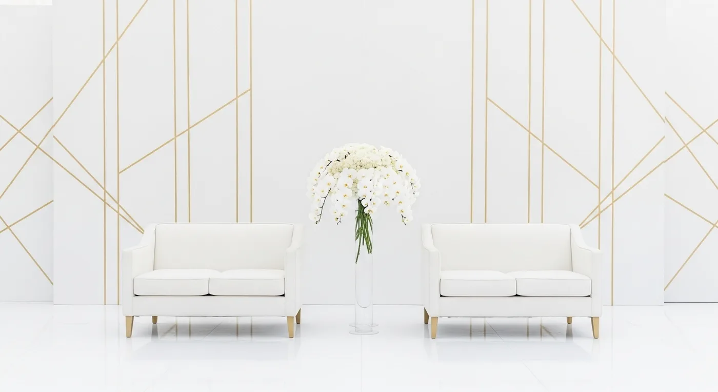 Contemporary minimalist Telugu wedding stage with white flowers and clean geometric backdrop