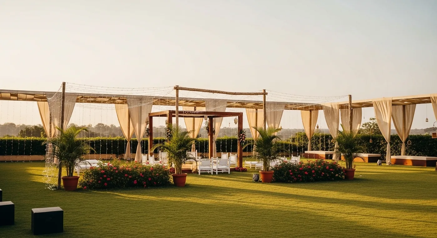 Outdoor farmhouse wedding setup near Hyderabad with lawns decorated for Telugu ceremony