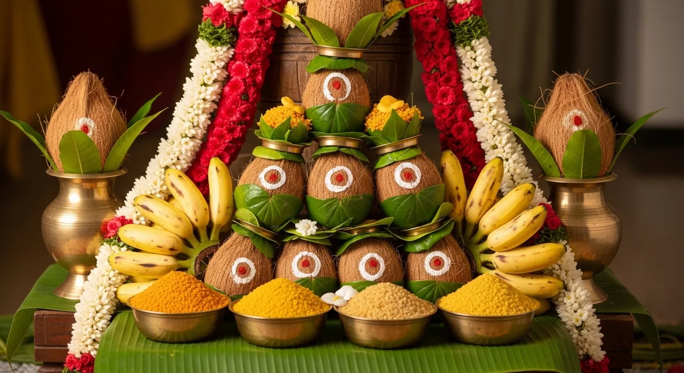 Niraimudi ceremonial display with decorated coconuts and fruit arrangement for Telugu wedding