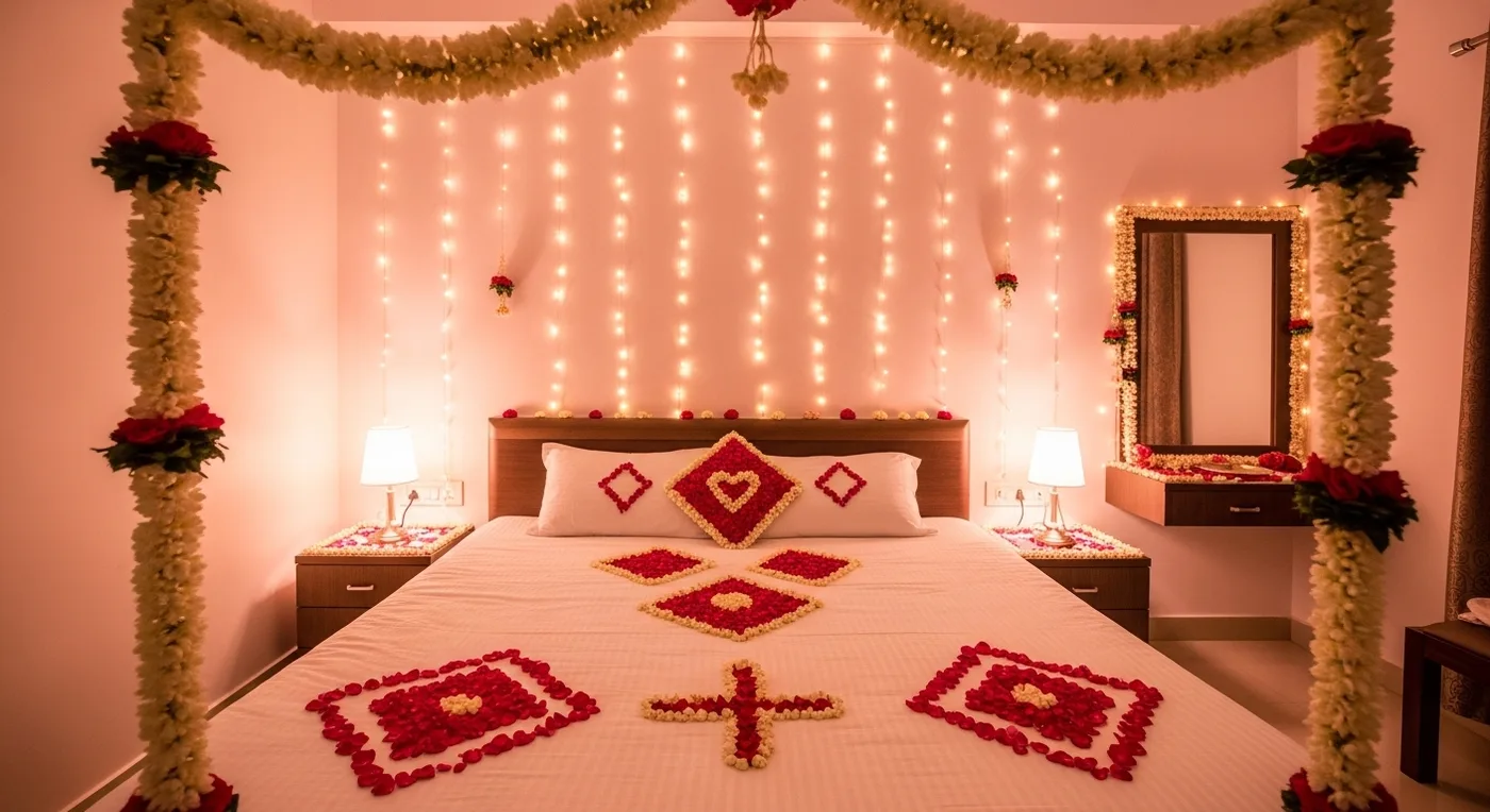 Bride's room decorated with roses and fairy lights for Telugu wedding muhurtham