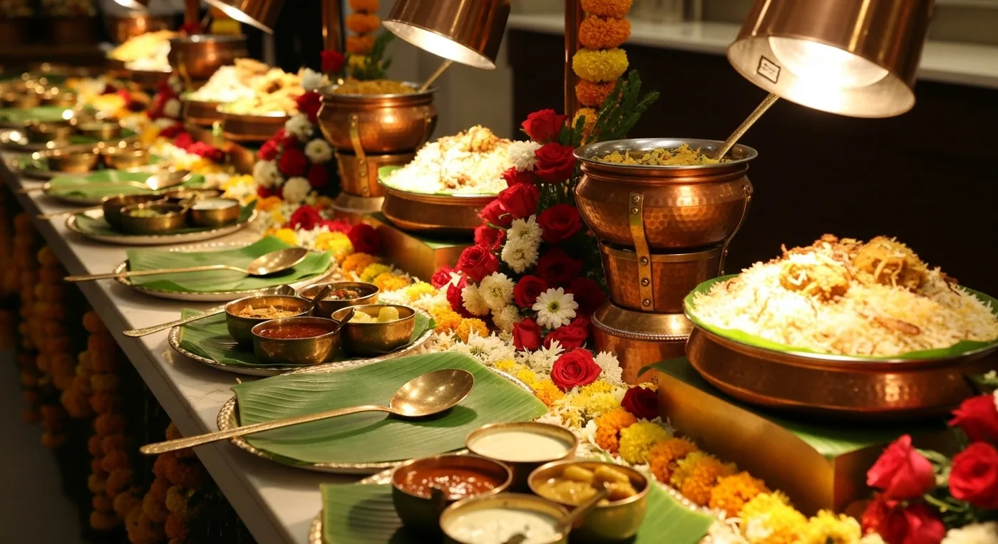 Elaborate Telugu wedding buffet display with traditional banana-leaf setup and floral garnishing