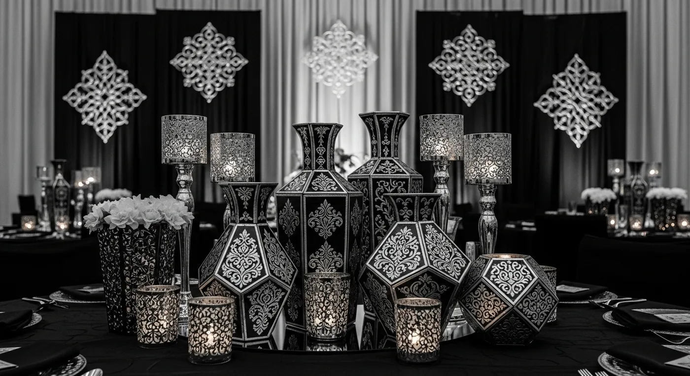 Bidri metalwork-inspired decor theme with black and silver accents at Hyderabadi wedding