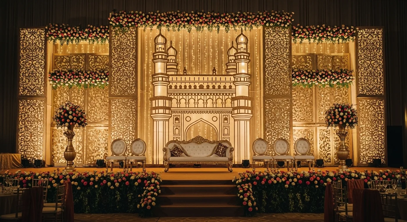 Charminar-motif backdrop panel with laser-cut design at Telugu wedding reception stage