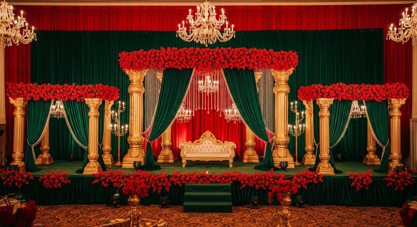 Jewel-toned Telugu wedding colour palette with emerald green and ruby red draping