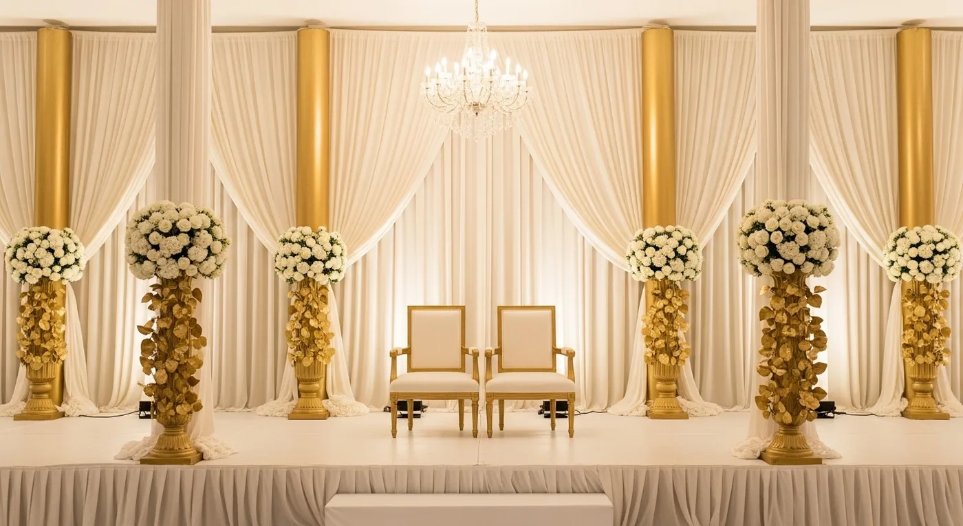 Classic ivory and gold Telugu wedding stage with floral columns and chandelier