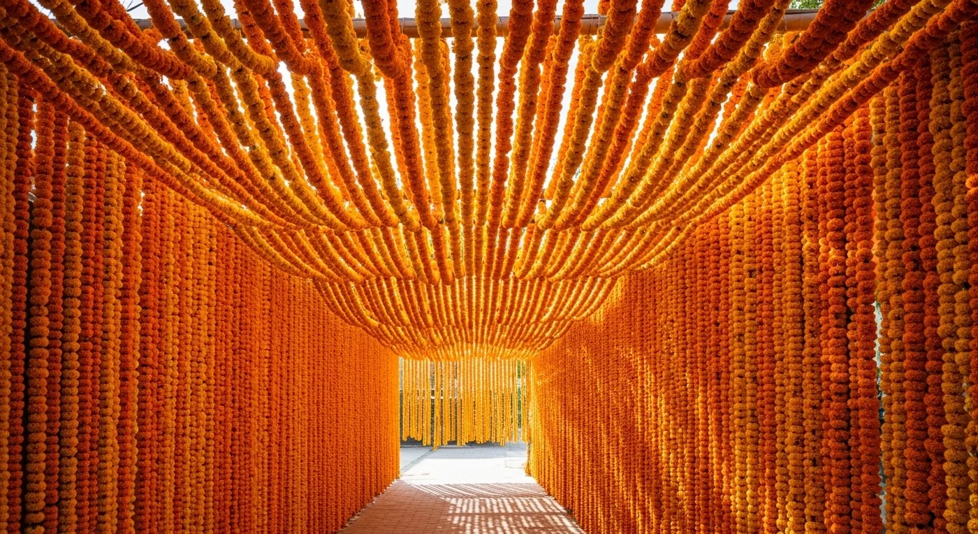 Marigold string curtain entrance with hanging orange and yellow flower garlands