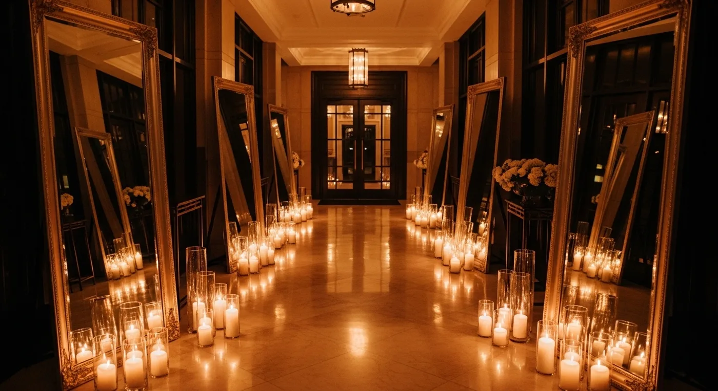 Mirror and candle-lined pathway leading to wedding venue entrance