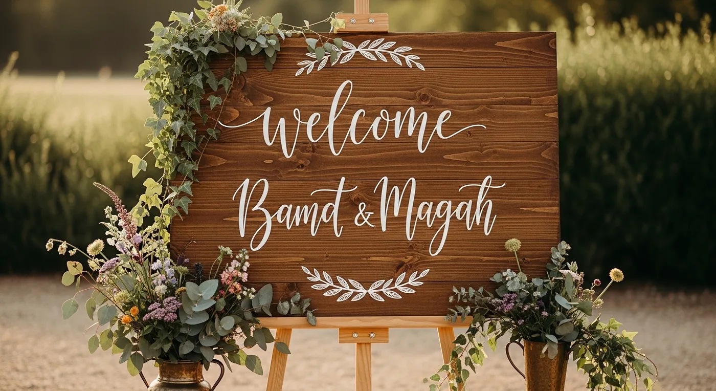 Rustic wooden welcome signboard with couple's names and floral accents at wedding entrance